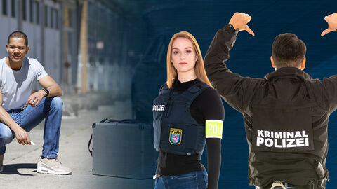 Bachelor Vertiefungsrichtung allg. Kriminalistik Collage aus zivilen Personen und Personen mit einer Jacke auf der Kriminalpolizei steht