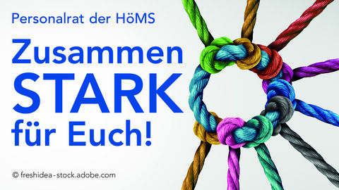 Logo Personalrat der Hochschule - Links der Schriftzug Zusammen STARK für Euch, rechts ein bunter Kreis mit bunten Armen, die in unterschiedliche Richtungen Zeigen