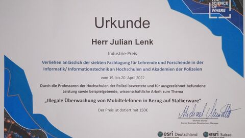 Urkunde Julian Lenk Urkunde von Julian Lenk zum Industrie-Preis für den besten studentischen Fachartikel