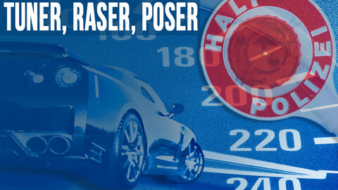 Rasen, Posen, Tunen  Collage mit einem getunten Sportwagen, einem Tacho eines Fahrzeuges und ein Polizeianhaltekelle alles auf blauem Hintergrund