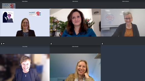 Das Bild zeigt einen Screenshot der Online-Veranstaltung "Wenn Man(n) führt – Wirkungen männlichen Führungsverhaltens auf weibliche Karrieren"