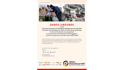 Dankesurkunde der "Aktion Deutschland Hilft" für die Spendenaktion der HöMS Dankesurkunde der "Aktion Deutschland Hilft" für die Spendenaktion der HöMS