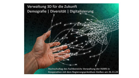 Plakat für den Hochschultag der Verwaltung, Lichtfäden und Lichtkugeln strömen aus einer Handinnenfläche und verbinden sich zur einer leuchtenden Hand