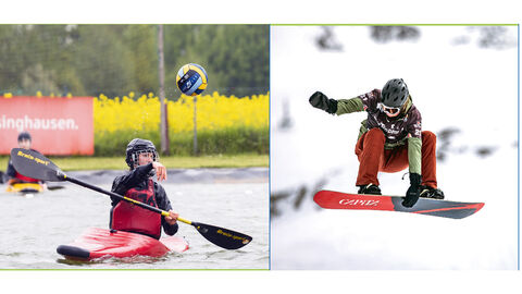 Collage von verschiedenen Sportarten, links Kanupolo, rechts Snowboard Freeski