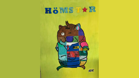 Ein gemalter Hamster mit einer bunten Jacke, auf welcher 'HöMS' steht.