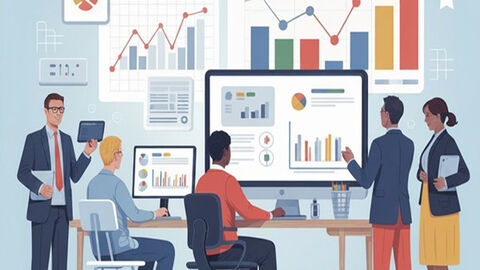 Illustration eines modernen Büros: Fünf Personen analysieren gemeinsam Daten auf mehreren Bildschirmen. Im Mittelpunkt steht ein großer Monitor mit Diagrammen, Balken- und Kreisgrafiken. Weitere Auswertungen und Charts hängen an der Wand. Eine Person präsentiert mit einem Tablet, während andere die dargestellten Kennzahlen betrachten und diskutieren. Die Szene vermittelt Teamarbeit, Datenanalyse und Business-Reporting in einem professionellen Arbeitsumfeld